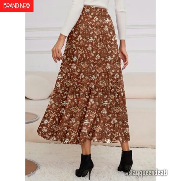 Chiffon Maxi Skirt Elastic Waist Flowy A-Line Pleated Long Boho Fall - Picture 3 of 8